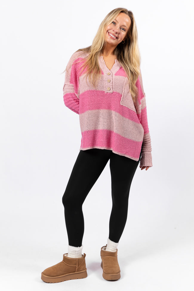 Know You Best Pink Oversized Striped Henley Sweater Free Shipping