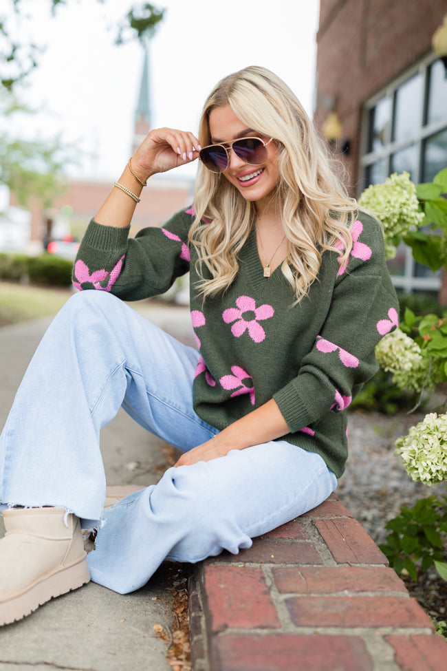 Keep You Around Olive and Pink Floral V-neck Sweater SALE Clearance Limited Edition