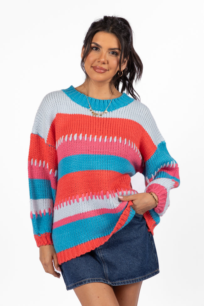 Something Extra Blue Multi Stripe Chunky Knit Stitch Detail Sweater Outlet Pay With Paypal