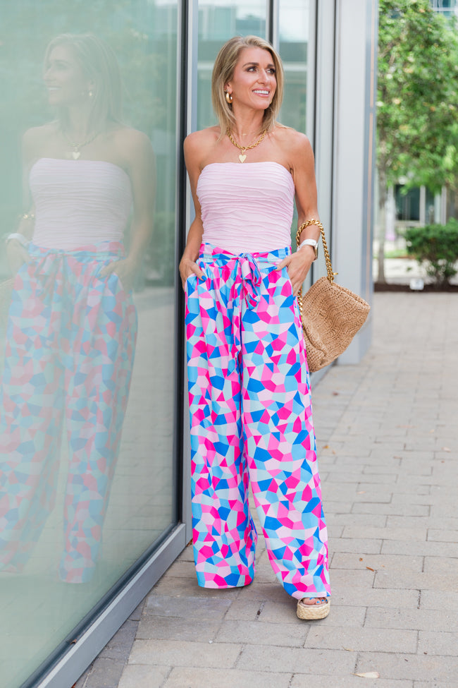 Fashionably Late Geometric Blue And Pink Belted Pants With Credit Card Free Shipping