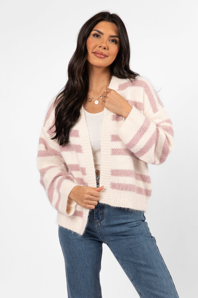 Made My Change Mauve and Cream Fuzzy Striped Cardigan SALE Deals Cheap Pice