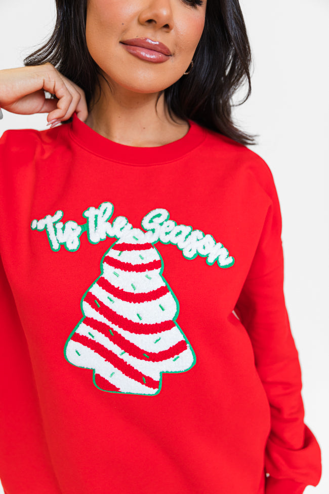 Tis The Season Christmas Cake Patch Red Oversized Graphic Sweatshirt FINAL SALE Sale Popular