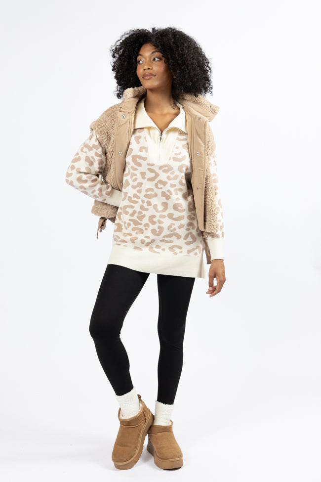 Pulling Heartstrings Tan And Cream Leopard Quarter Zip Pullover SALE Best Place Online