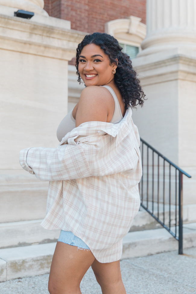 Made Me Realize Ivory And Tan Plaid Oversized Button Front Shirt Get Authentic