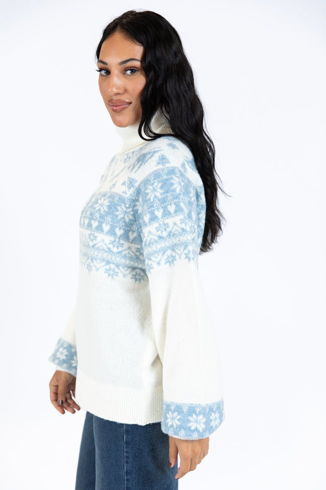 For The Best Ivory and Blue Ski Print Fair Isle Turtleneck Sweater SALE Cheap Usa Stockist