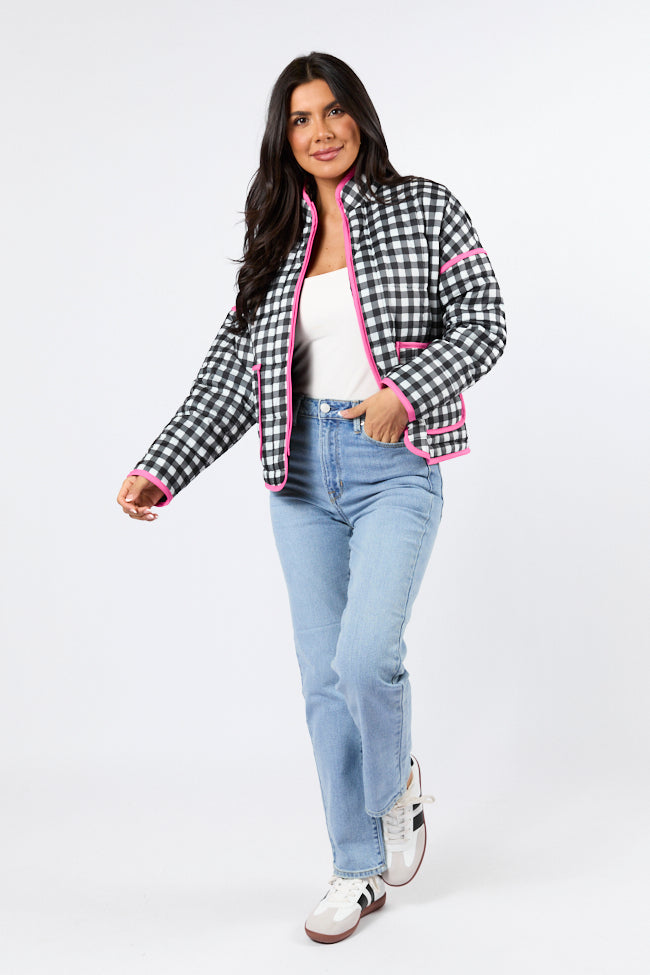 Going For It Black Gingham Printed Zip Up Jacket Buy Authentic Online