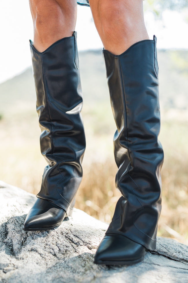 Heather Black Leather Fold Over Boots SALE Buy Cheap Outlet