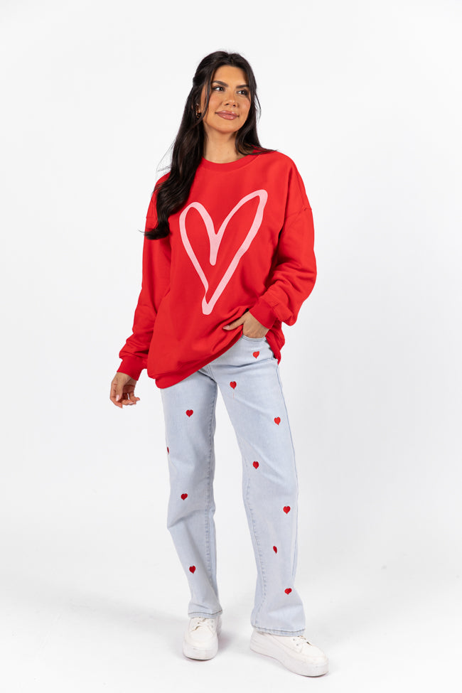 Heart Sketch Red Oversized Graphic Sweatshirt Clearance For Nice