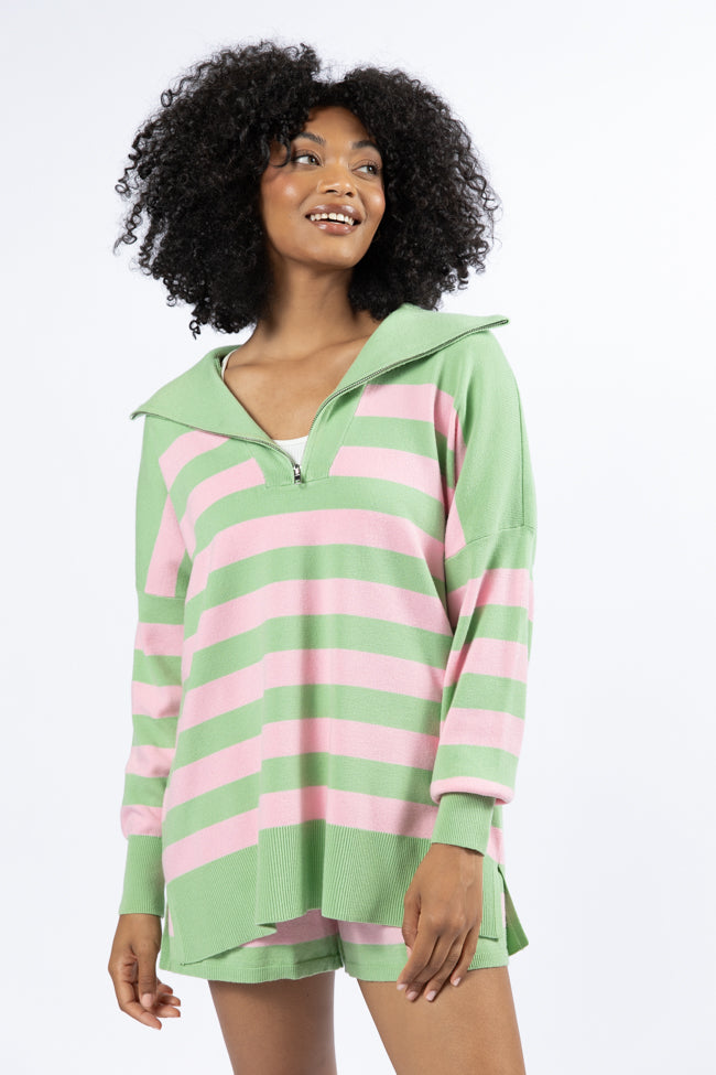 Pulling Heartstrings Green and Pink Striped Quarter Zip Pullover SALE Inexpensive Sale Online