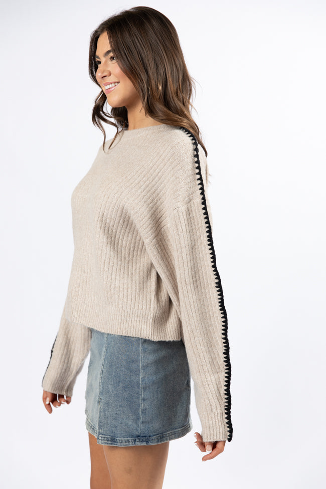 In and Out Taupe and Black Contrast Stitch Sweater Visit Cheap Pice