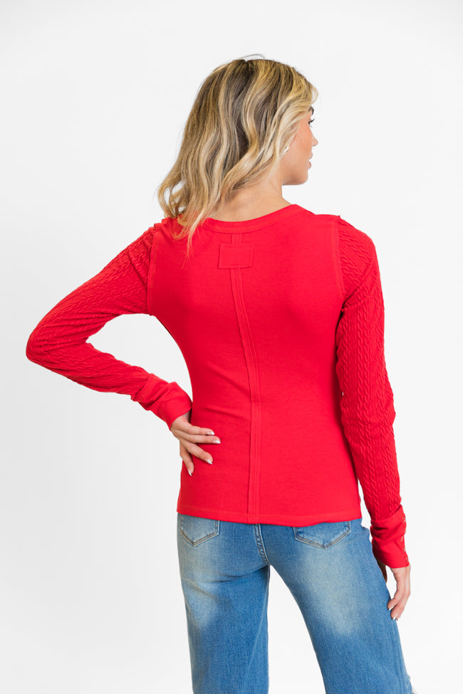 All The Better Red Cable Knit Sleeve Knit Henley Top FINAL SALE Fashionable Cheap Pice