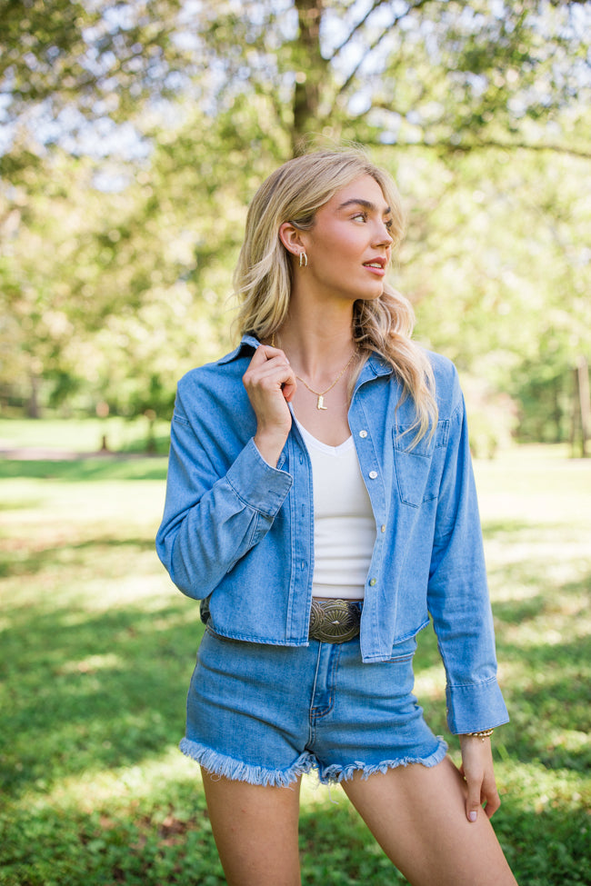 A Girl Like Me Medium Wash Cropped Chambray Blouse FINAL SALE Free Shipping Pick A Best