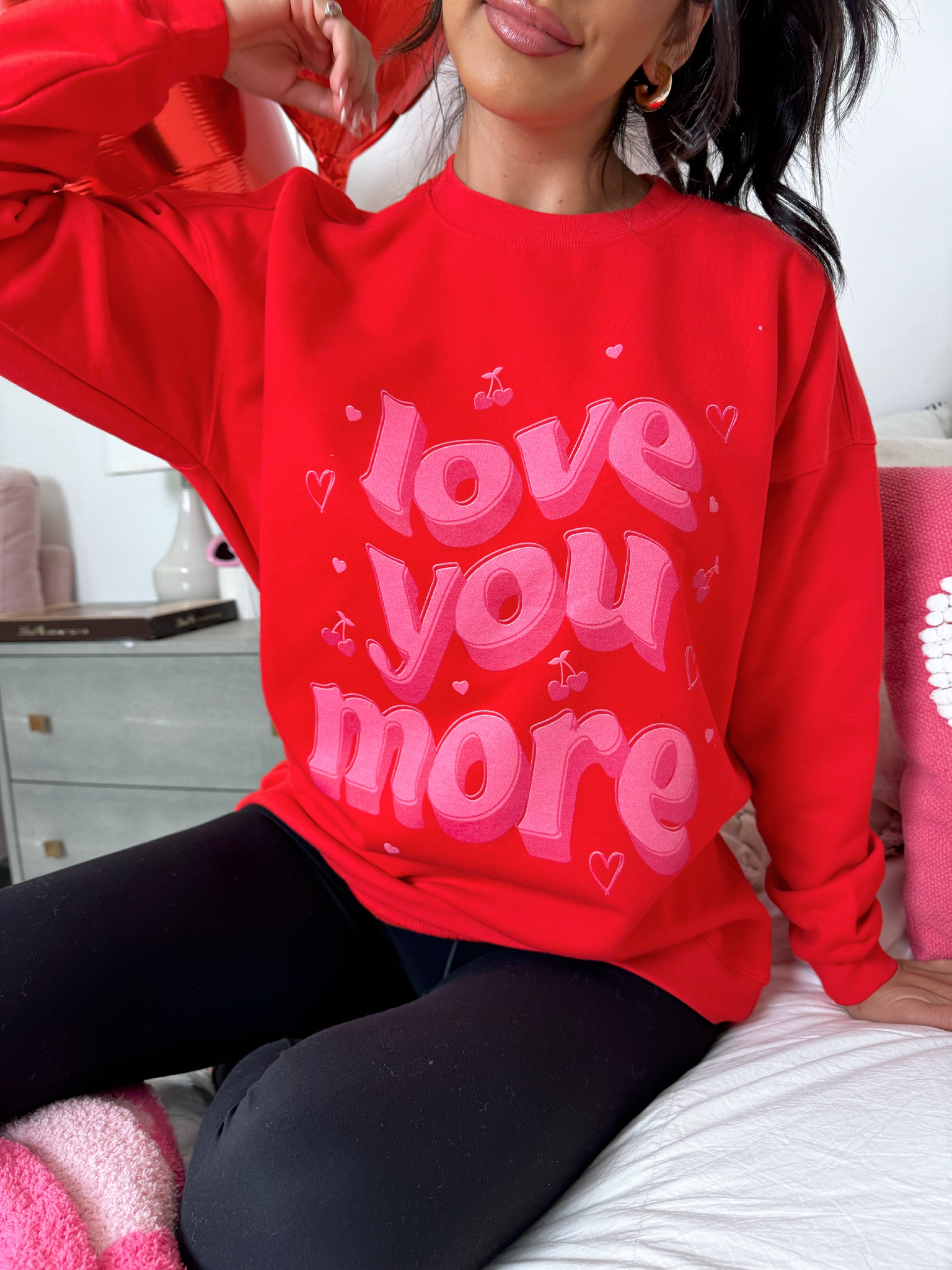 Love You More Red Oversized Graphic Sweatshirt For Sale Cheap Online