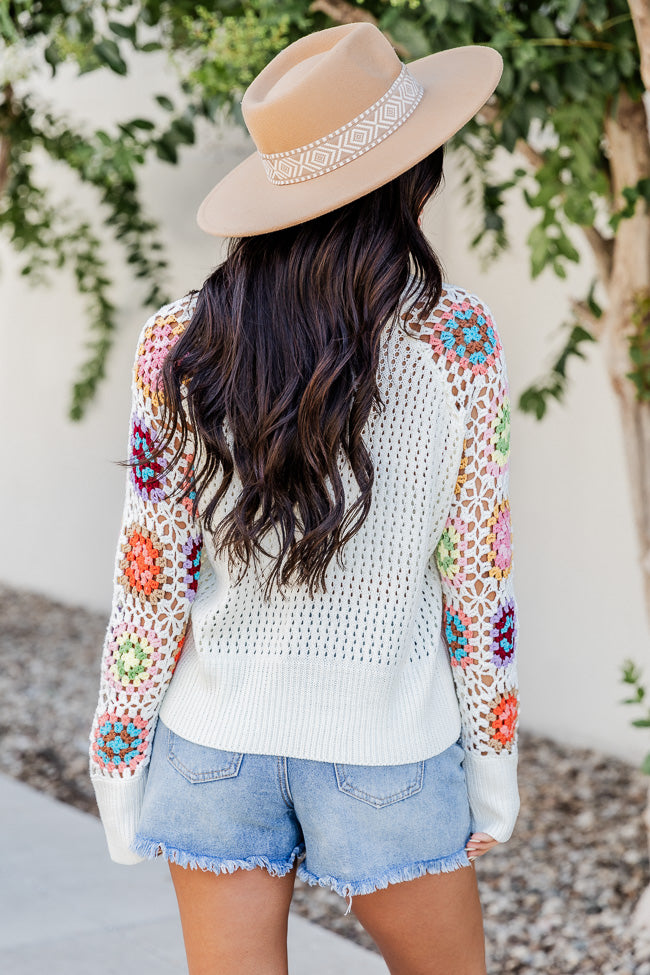 A Wonderful Life Ivory Multi Crochet Sleeve Sweater  FINAL SALE Big Sale Sale Online