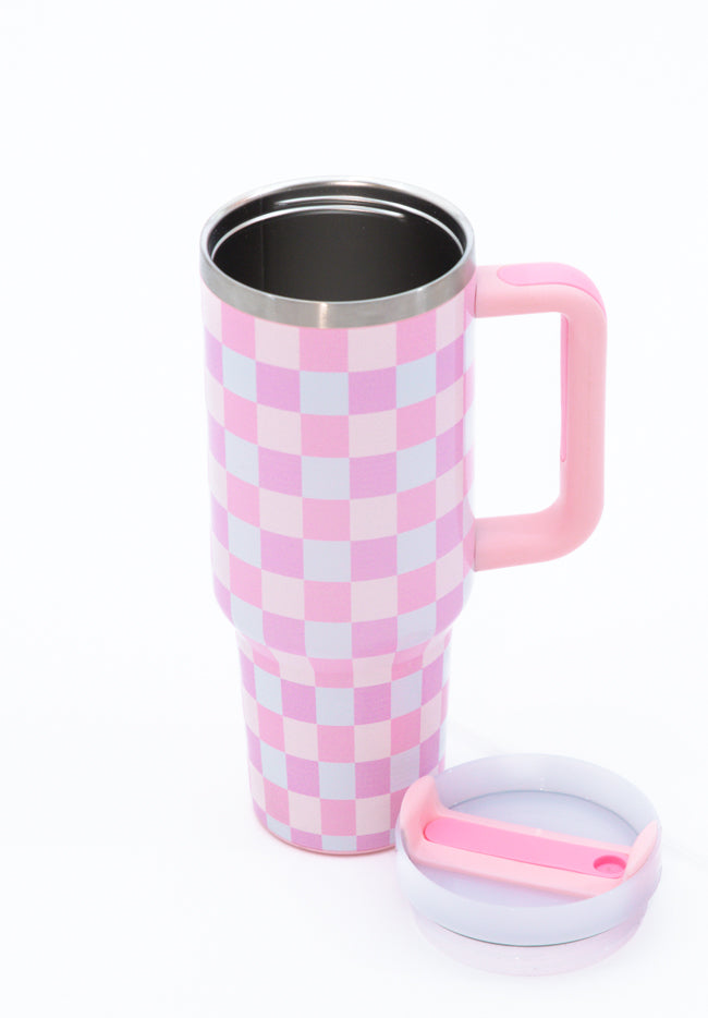 Sippin' Pretty Multi Pastel Checkered 40 oz Drink Tumbler With Lid And Straw