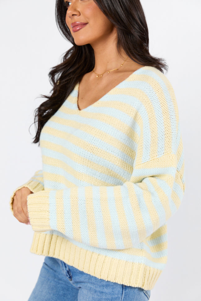 Wait A Minute Yellow and Blue Multi Striped V-Neck Sweater Sale Explore