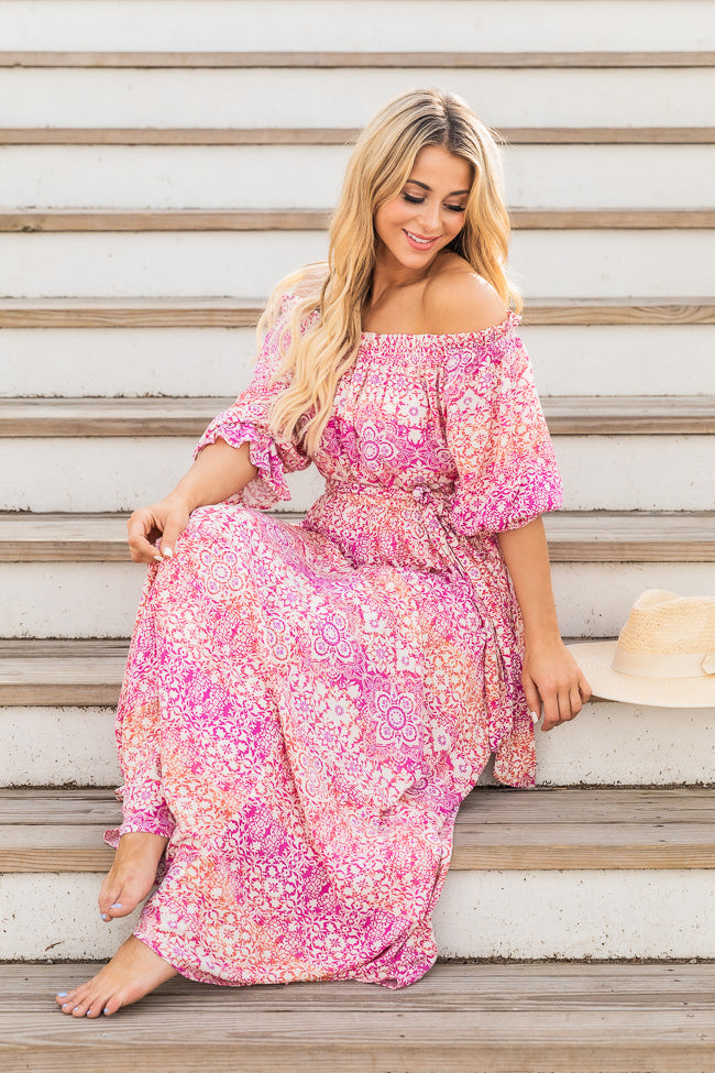 Dynamic Love Pink Printed Off The Shoulder Maxi Dress FINAL SALE Clearance For Cheap