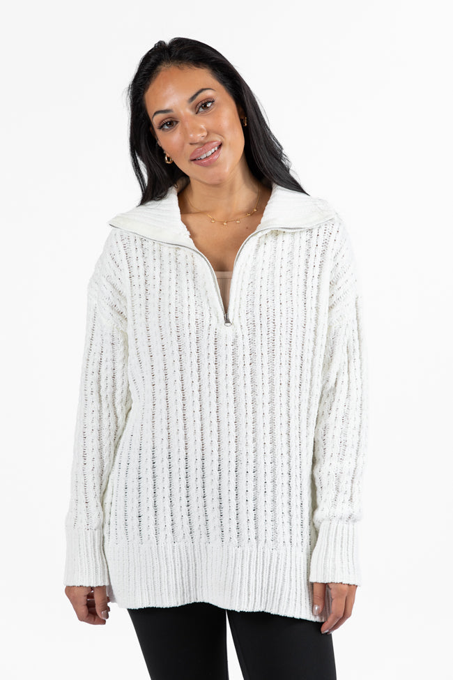 Forever Yours White Cable Knit Chenille Quarter Zip Sweater SALE The Cheapest Cheap Online