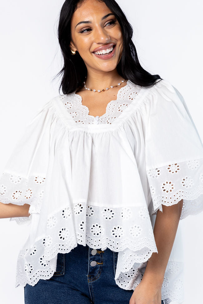 No Regrets Ivory Eyelet Detail Popover Short Sleeve Blouse Shop For Sale