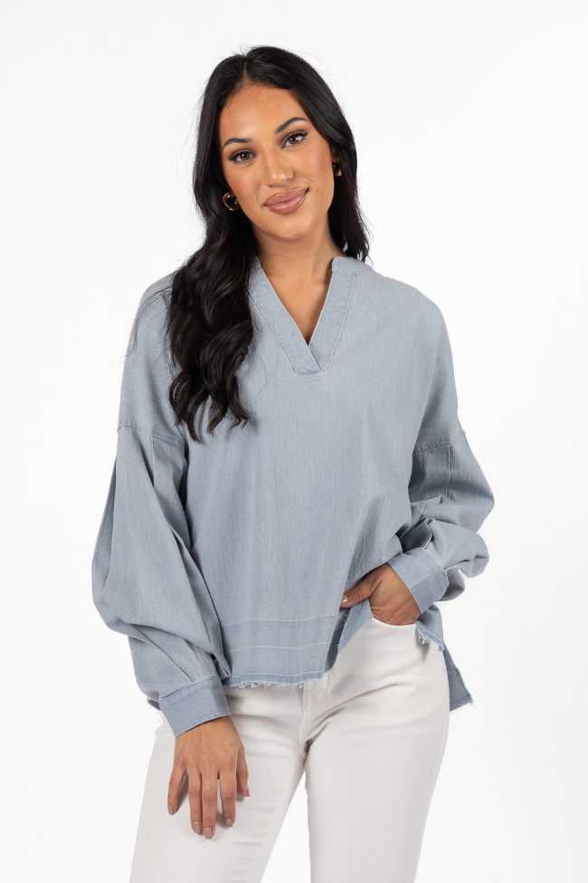 Before Daylight Light Wash Chambray Blouse Discount Online