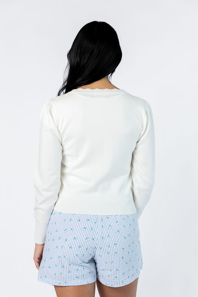 Perfect Clarity Ivory Scalloped Trim Cardigan Low Pice