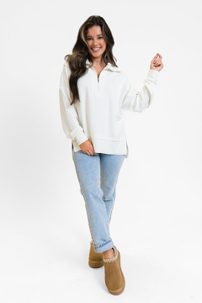 Fireside Festivities Cream Ribbed Quarter Zip Pullover Free Shipping Looking For