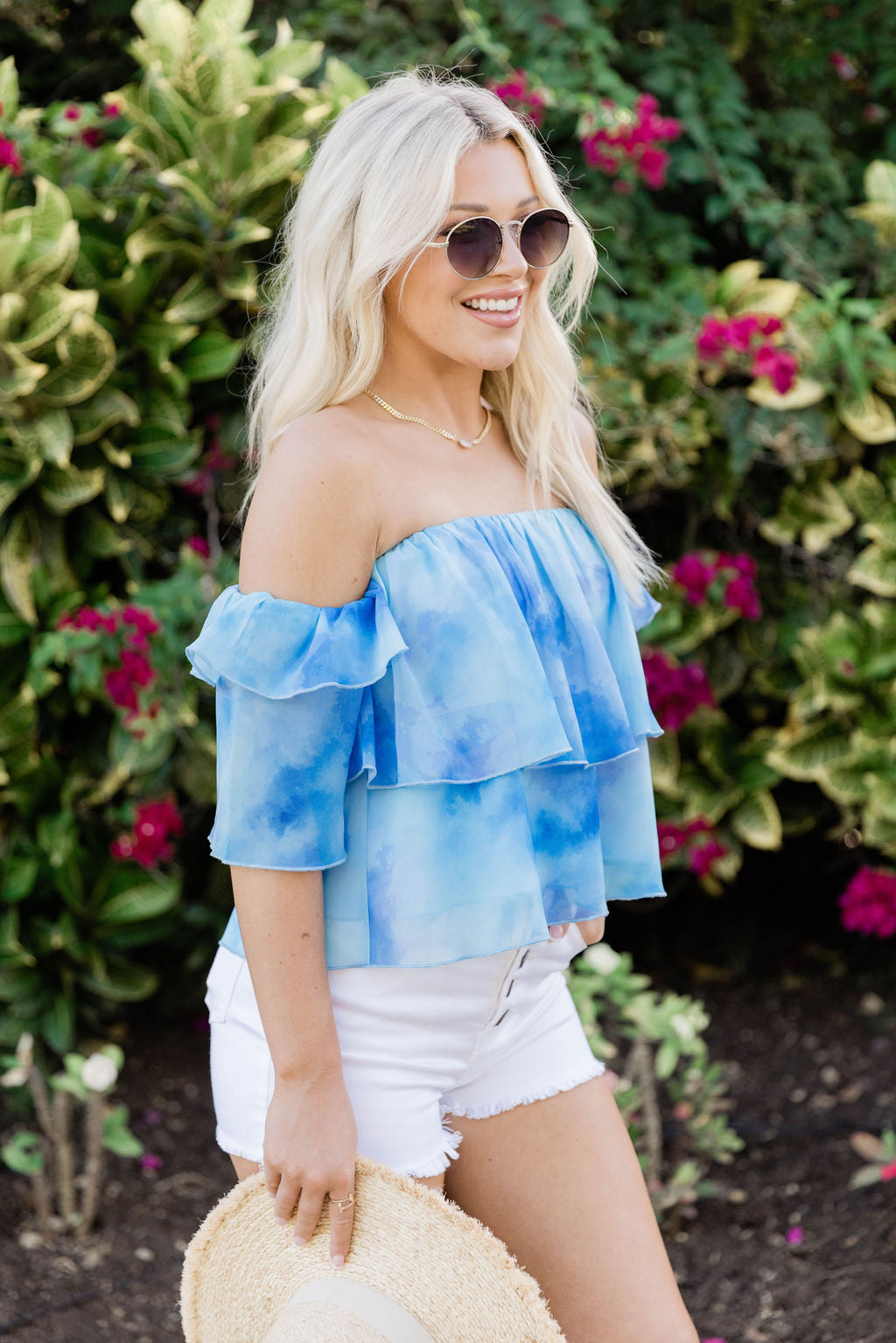 Holding Onto Happiness Blue Watercolor Off The Shoulder Printed Blouse FINAL SALE Clearance Reliable