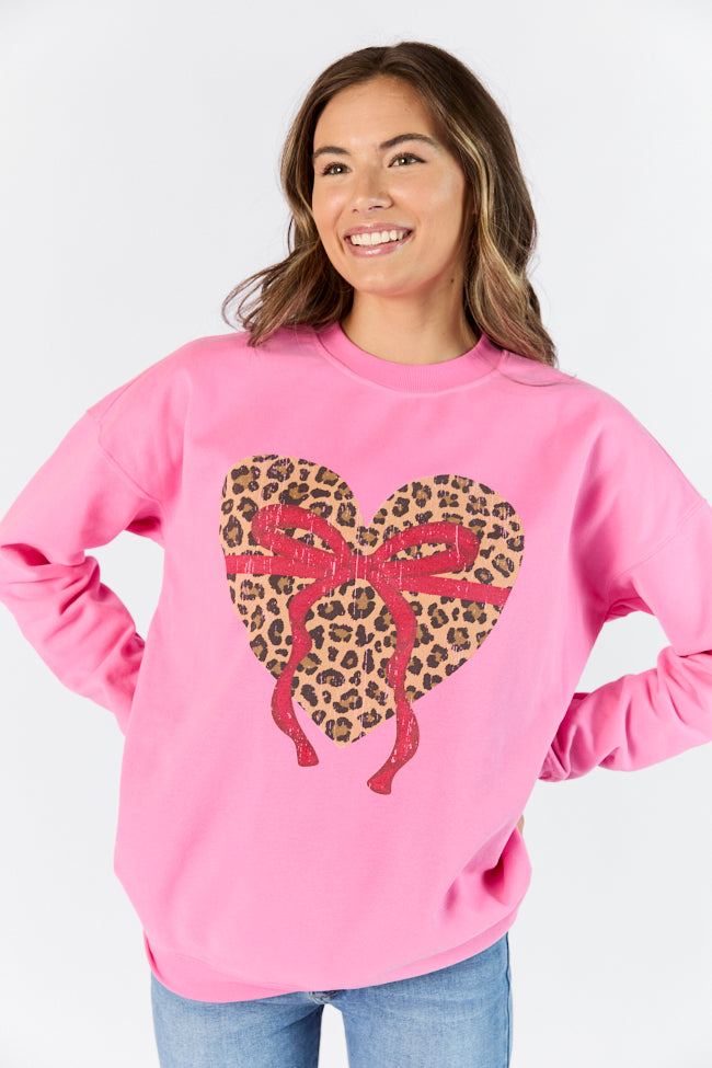 Leopard Heart Red Bow Pink Oversized Graphic Sweatshirt Fast Delivery Online