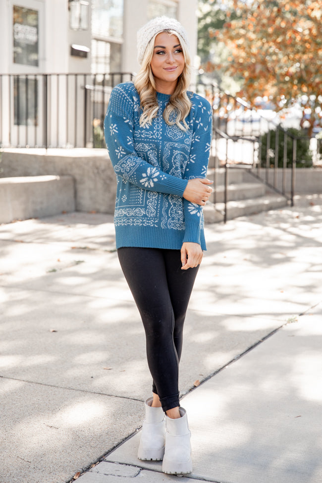 All At Once Blue Paisley Print Sweater FINAL SALE Clearance Explore