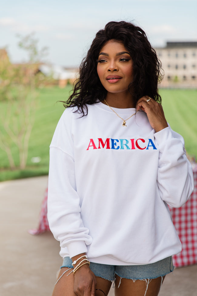 America Multi Embroidery White Oversized Graphic Sweatshirt FINAL SALE Clearance Fake