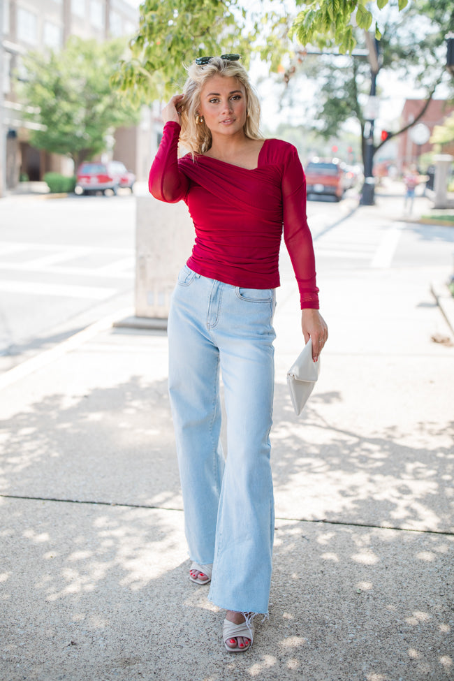 Forever Happy Red Mesh Overlay Off The Shoulder Top FINAL SALE 2025 Unisex For Sale