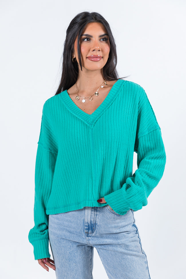 Living Right Seafoam Ribbed V-Neck Knit Top FINAL SALE Cheap Sale Best Wholesale