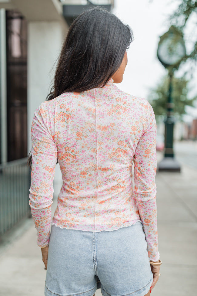 Take Me Anywhere Pink and Orange Floral Mesh Sleeve Mock Neck Top FINAL SALE Finishline Online