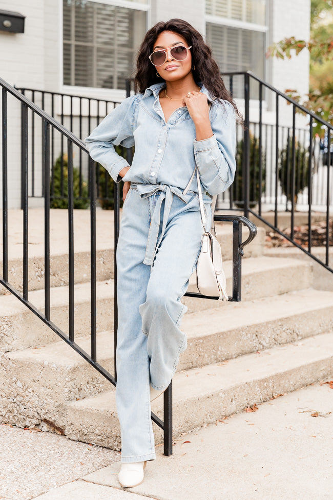 One More Time Long Sleeve Belted Denim Button Up Jumpsuit FINAL SALE Manchester Great Sale Cheap Online