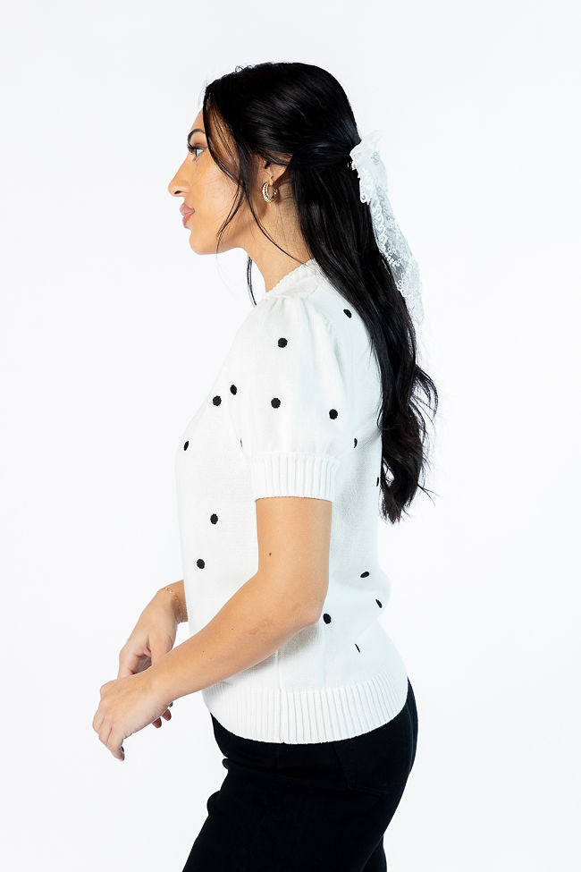 Polka Dot Daydreams Ivory and Black Short Sleeve Sweater Buy Cheap Excellent