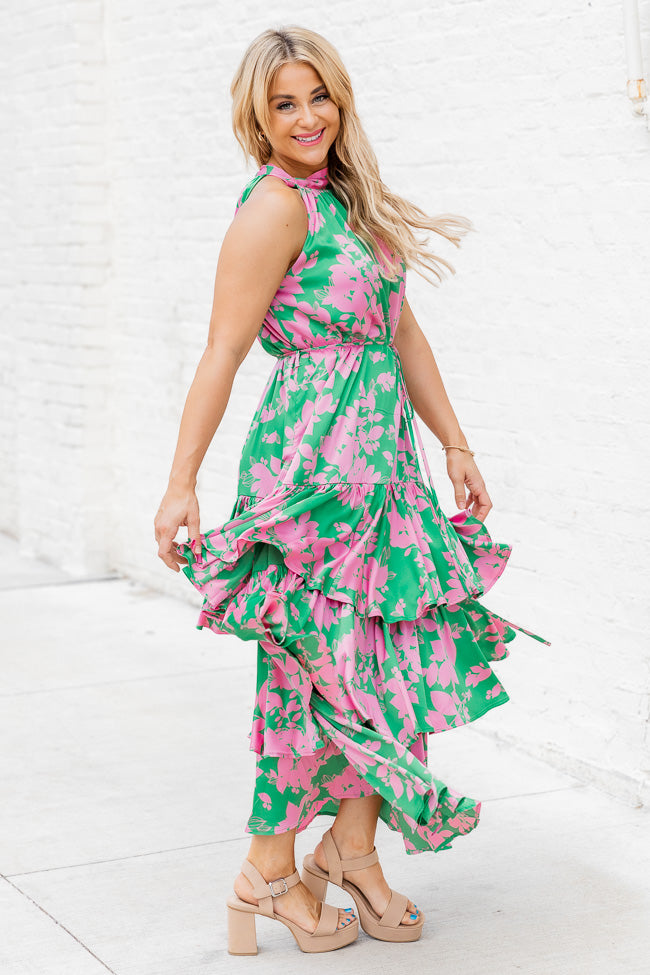 An Inspiration Green and Pink Printed Satin Halter Maxi Dress FINAL SALE Sale Pick A Best