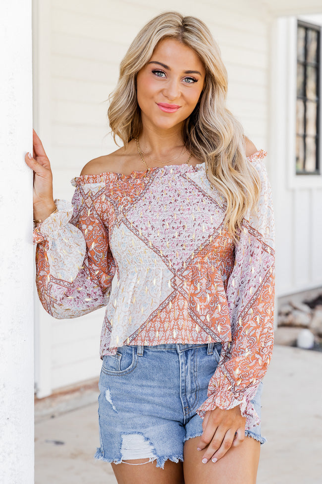 Saddle Up With Me Camel Patch Print Off The Shoulder Blouse FINAL SALE Store Online