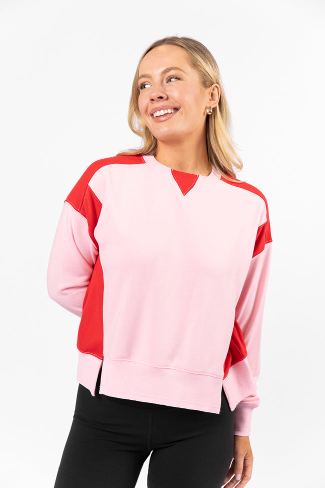 Far Between Pink and Red Contrast Trim Crew Neck Sweatshirt Sale Deals