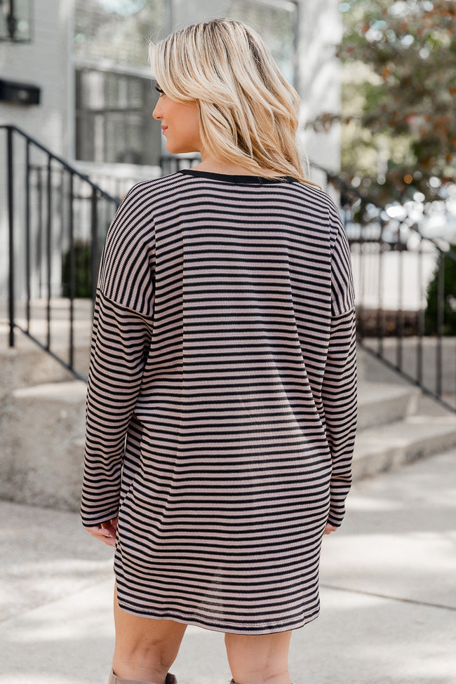 Brown and Black Striped Long Sleeve Ribbed T-Shirt Dress FINAL SALE Fashion Style Online