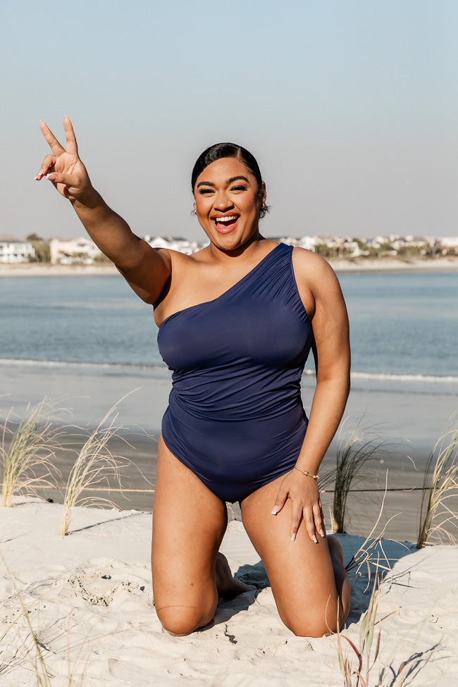 Find Me Poolside Navy One Shoulder Swimsuit FINAL SALE Outlet Discount Sale