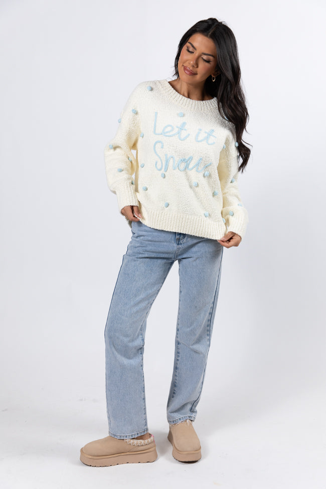 Let It Snow Ivory And Blue Fuzzy Pom Sweater FINAL SALE Free Shipping Best Place