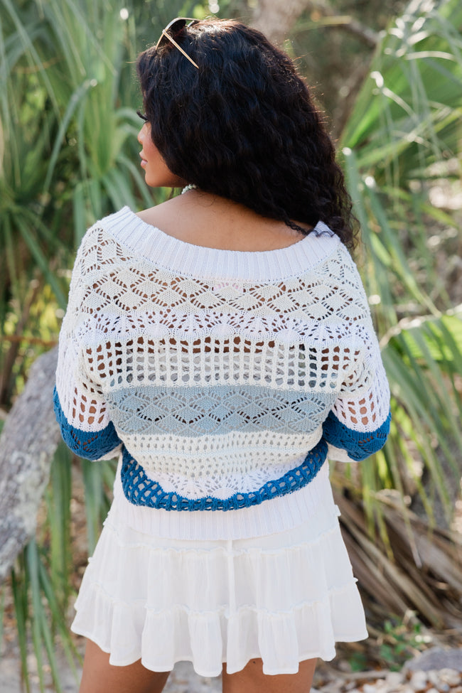 I'm On Board Blue Crochet Striped Cardigan