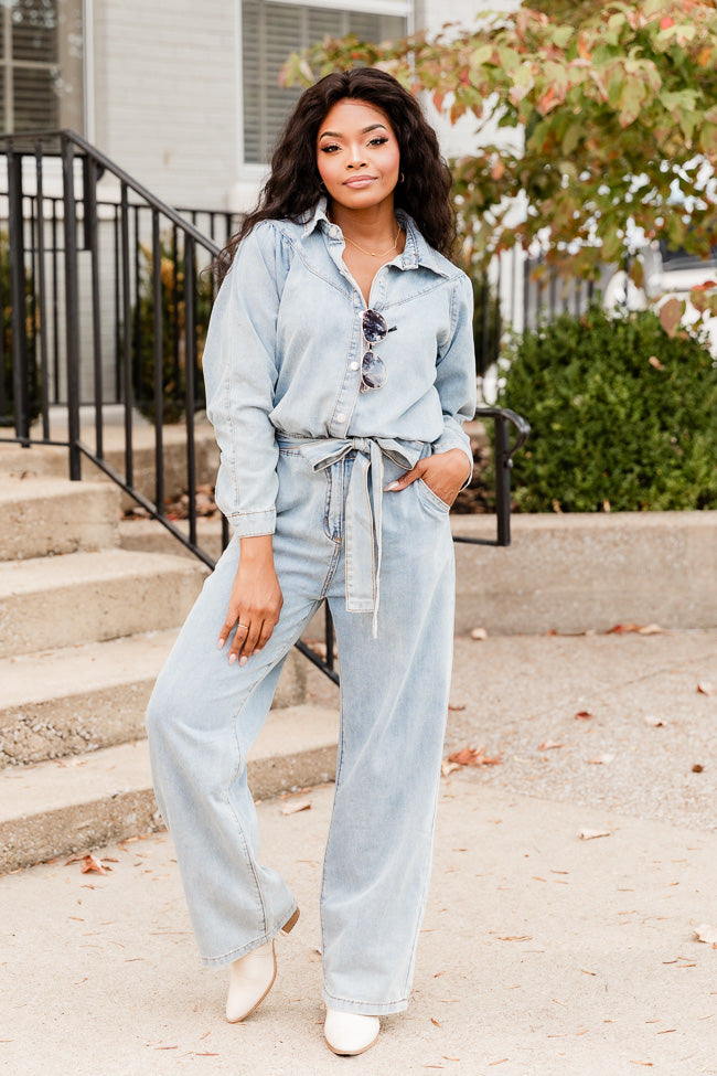 One More Time Long Sleeve Belted Denim Button Up Jumpsuit FINAL SALE Manchester Great Sale Cheap Online