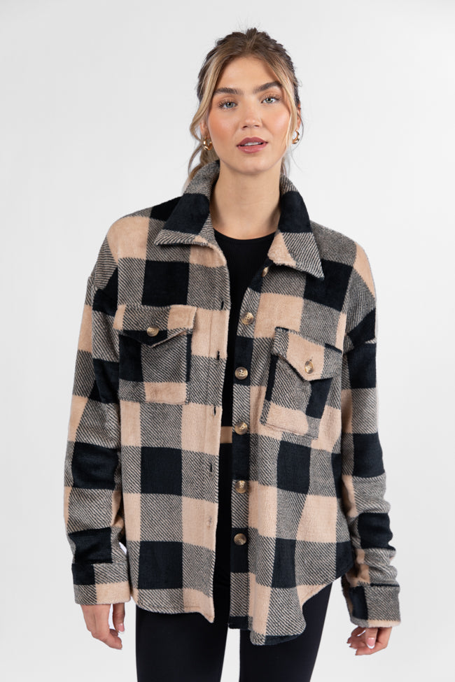 Wind Down Black and Tan Fleece Plaid Shacket Sale Reliable