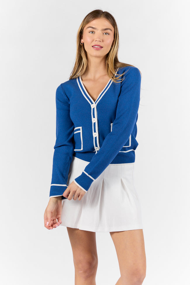 Gives Me Time Navy and Ivory Contrast Trim Cardigan Lowest Pice