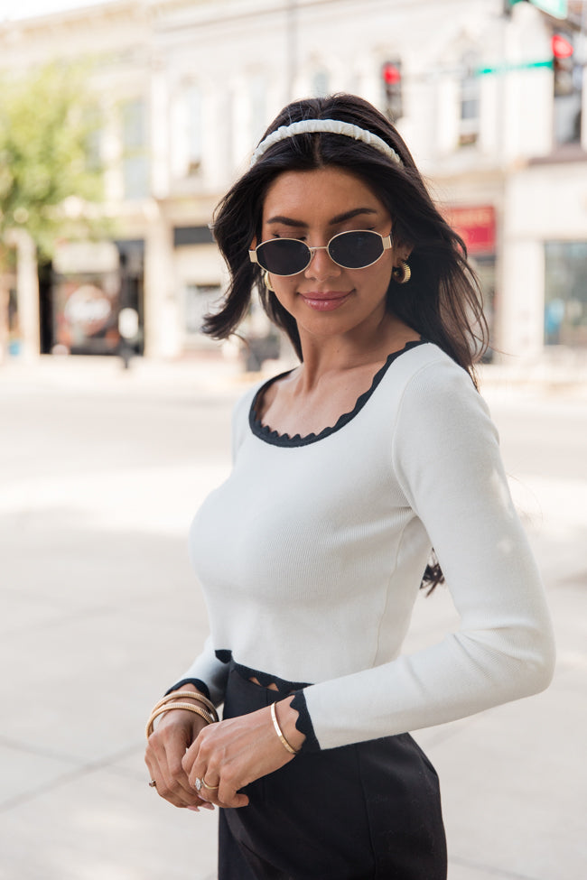 Not Much Different Ivory and Black Contrast Scalloped Hem Sweater FINAL SALE Clearance 2025