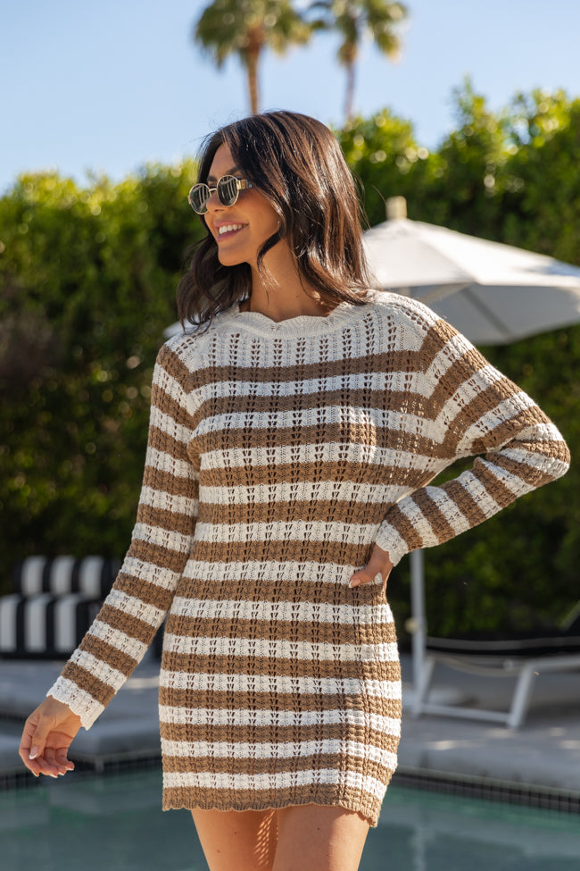 Mai Tai Memories Mocha and Ivory Striped Knit Dress Huge Surprise For Sale