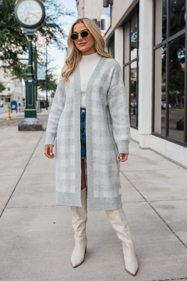 Be The First Grey Plaid Long Cardigan SALE Discount Wholesale