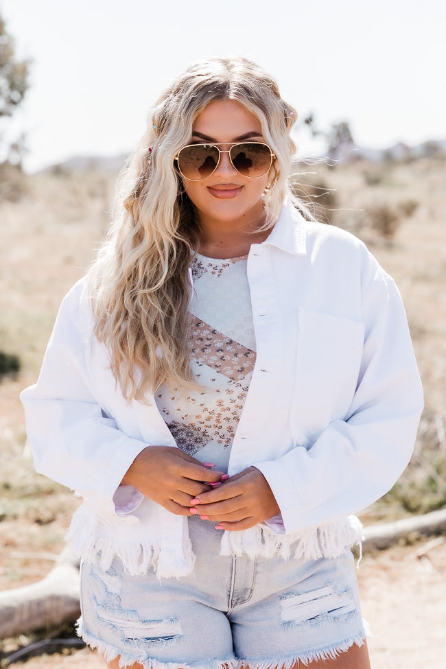 Sun Up In The Saddle White Fringe Hem Denim Jacket FINAL SALE Discount Shop Offer