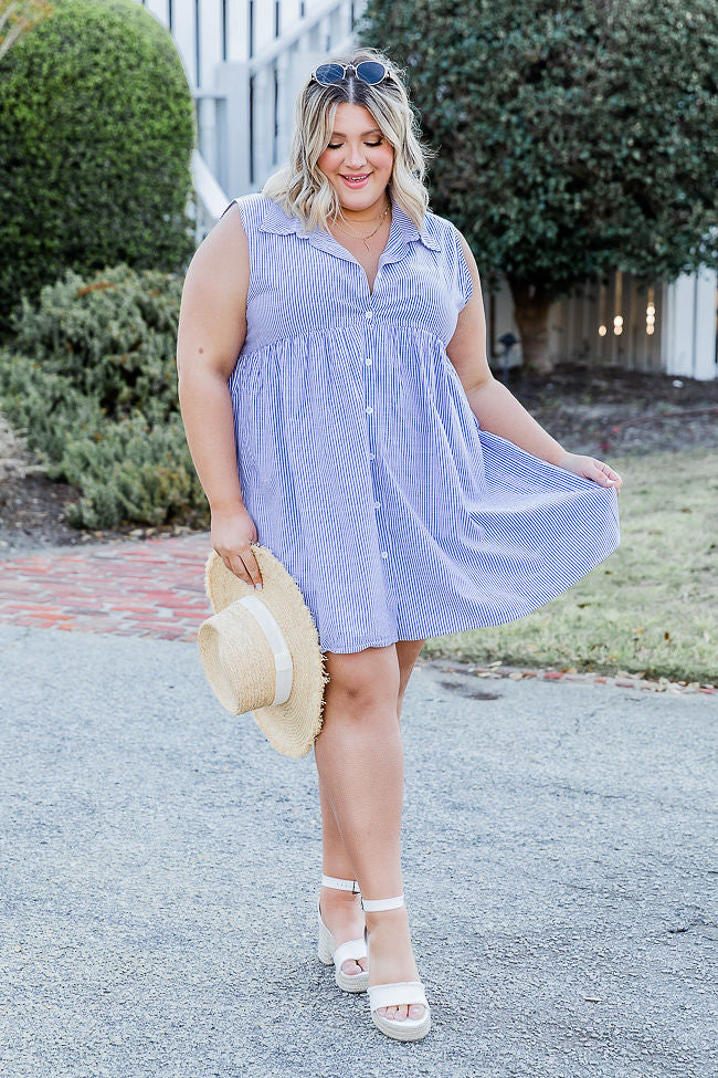 A Little Prep In My Step Blue Stripe Collar Button Up Mini Dress FINAL SALE Pay With Visa